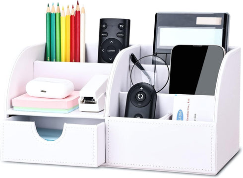 KINGFOM Pu Leather Desk Organizer, White Pen Pencil Holder with 6 Compartments and Drawer, Office Supplies Caddy