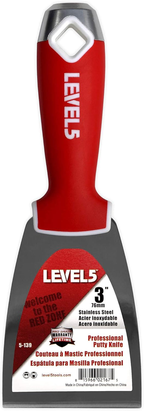 LEVEL5 3" Soft-Grip Stainless Steel Drywall Joint Knife, Pro-Grade Finishing Hand Tool