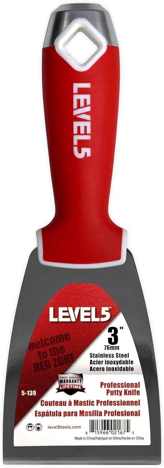 LEVEL5 3" Soft-Grip Stainless Steel Drywall Joint Knife, Pro-Grade Finishing Hand Tool