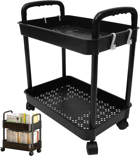 Vobumix 2 Tier Rolling Utility Cart Multi-Functional Storage Trolley with Lockable Wheels Plastic