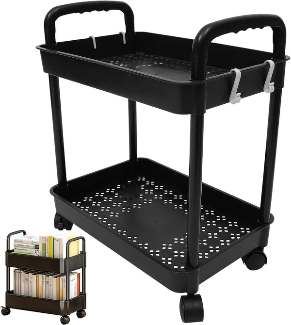 Vobumix 2 Tier Rolling Utility Cart Multi-Functional Storage Trolley with Lockable Wheels Plastic