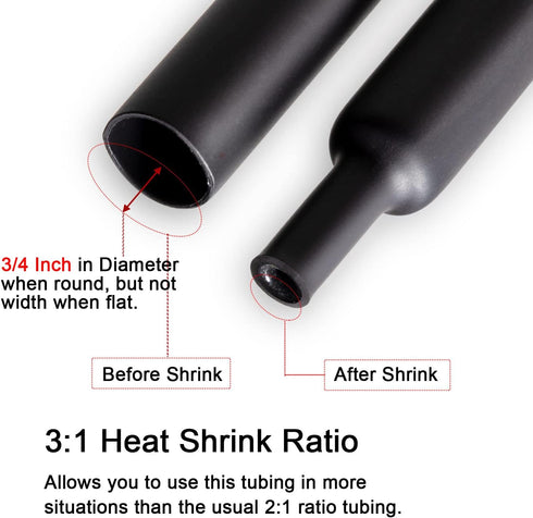 3/4 inch Dual Wall Adhesive Heat Shrink Tubing, Large Glue Lined Marine Cable Sleeve Tube, Black (4 Feet)