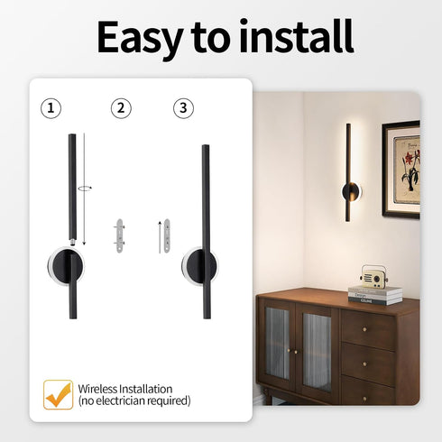 Dimmable 350Rotate, 24 Inch 1 Pack) Battery Operated Wall Sconce, Rechargeable Wall Lights with Remote Control, LED
