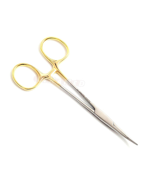 Premium German Stainless Steel, Set of 2 PCS Gold Handle Mosquito Locking HEMOSTAT Forceps, Straight + Curved 5"