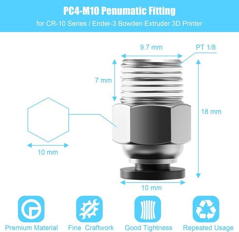 StLiSuYmx 10PCS PC4-M10 E3D-V6, Ender-3 Ender-3 V2 3D Premium Pneumatic Quick Connector Fittings, Bowden Tube Coupler