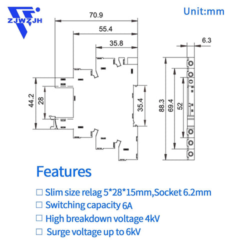 Electromagnetic Relay 24V DC/AC SPDT 6A with LED Indicator, Socket Base, DIN Rail, Ultra Thin 6.2mm