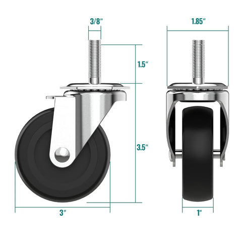 Caster Wheels 3 inch with No Brake Stem Casters, 3/8" -16 x 1-1/2" (Stem Diameter 3/8", Stem Length 1-1/2") Threaded Swivel Casters Set of 4 Heavy Duty Castors Black