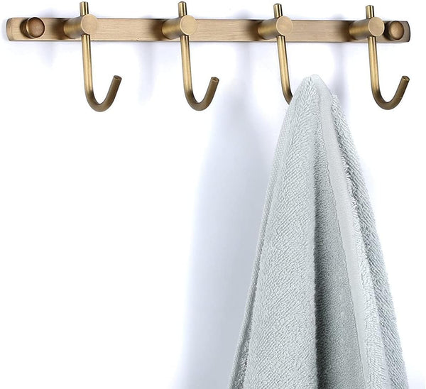 WINCASE Brass Towel Hook Rack - Brushed Brass Wall Hook Rack with 4 Hooks, Antique Brass Rustic Wall Mounted