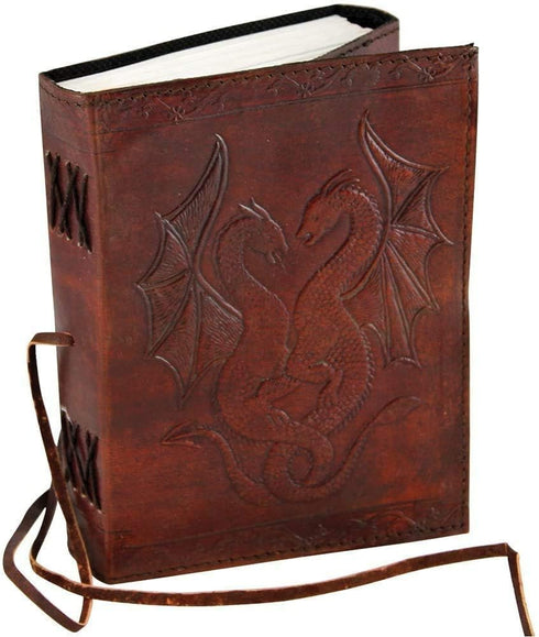 AzureGreen DOUBLE DRAGON Handcrafted Leather BOOK, Unlined Blank Page JOURNAL, 5 x 7 (Medium, Large Brown 8"x6")