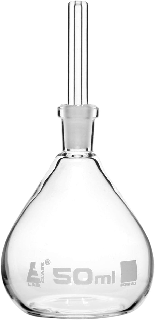 EISCO Specific Gravity Bottle, 50ml Flat Bottom with Perforated Stopper, Borosilicate Glass