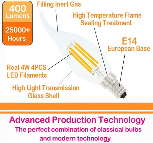 Lamsky E14 Bulb 4W Bulbs Dimmable 40W Bulbs,110V 4000K White,12 Pack LED European Base LED Chandelier Light