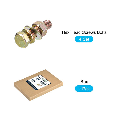 Hex Head Screws Bolts, Nuts, Flat & Lock Washers Kits (1/2-13x2") 4 Set, Carbon Steel Fully Threaded Machine Screws