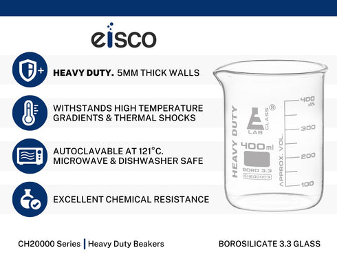 EISCO Heavy Duty Beakers, 6PK, 400ml, 5mm Thick, Borosilicate 3.3 Glass, White Graduations