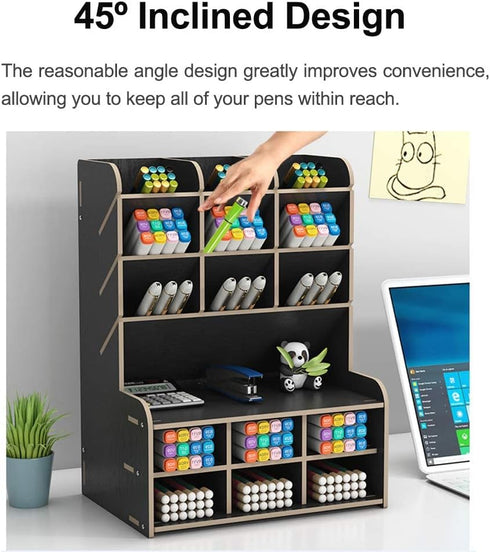 Wooden Desk Organizer, Large Capacity DIY Pen Holder Storage Box for Office, Home, and School Supplies