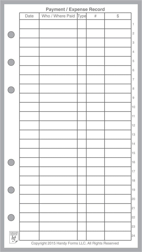 Personal Size Payment/Expense Record, Check Register, Sized for Filofax Personal Notebook