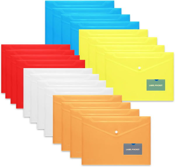 Letter A4 Size Plastic Envelopes 20 PCs with Label Pocket and Snap Closure - FLEXOFFICE Assorted Colors