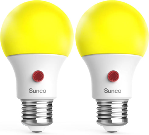 Sunco Lighting 2 Pack A19 LED Bug Light Bulbs, Outdoor Yellow Dusk to Dawn, 9W Auto On/Off, Photocell Sensor