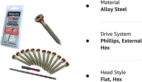 Velocity Concrete Screw Kit with RedSeal Moisture Barrier – Includes 12 High-Performance Concrete Screws, 1 Drill Bit,