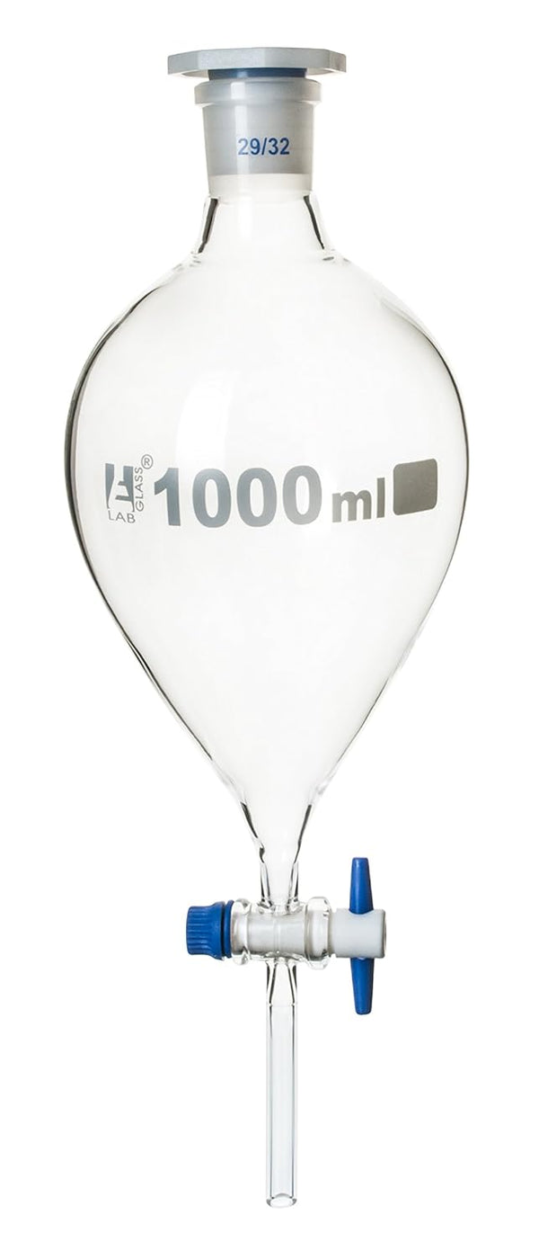 EISCO Squibb Separating Funnel, 1000ml, 29/32 Plastic Stopper, PTFE Key Stopcock, Borosilicate Glass
