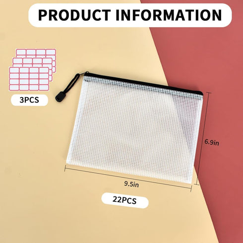 Vuzvuv A5-22 PCS Mesh Zipper Pouch Set, 9.49"x 7.09", Document File Folders with Label Sticker for Storage