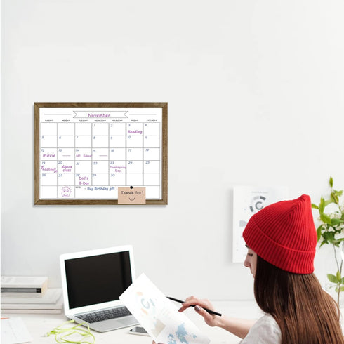 TORASO Dry Erase Monthly Calendar Board, Magnetic Surface Whiteboard for Wall, Rustic Brown Frame, 13"x 17"