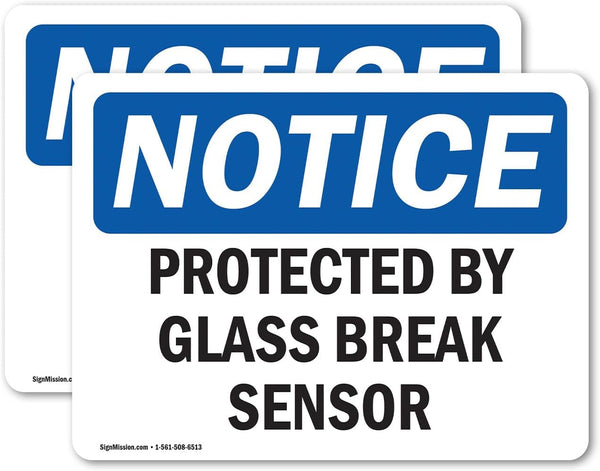 (2 Pack) Protected By Glass Break Sensor OSHA Notice Sign, 5 Inch X 3.5 Inch Vinyl Label Decal for Workplace