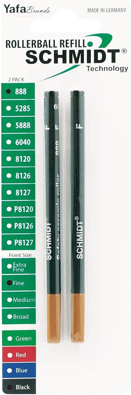 Schmidt 888 Technology Ceramic Rollerball Plastic Tube Refill, Fine Point 0.6mm, Black, 2 Pack Blister (SC58108).