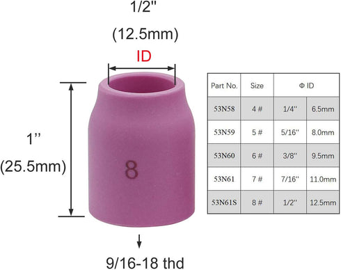 10PK TIG Gas Lens Alumina Nozzle Ceramic Cup 53N61S 8# 1/2" For SR WP- 9/20 & SR WP-17/18/26 TIG Welding Torch