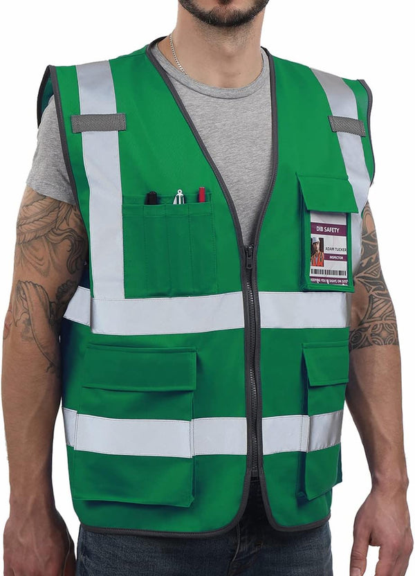 Reflective Vest High Visibility with Pockets and Zipper, Green L