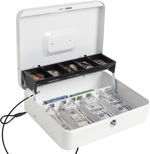 Cash Box with Key Lock, Durable Metal Cash Box with Money Tray, Lock Box Safe Storage Security Locker with Cable, White