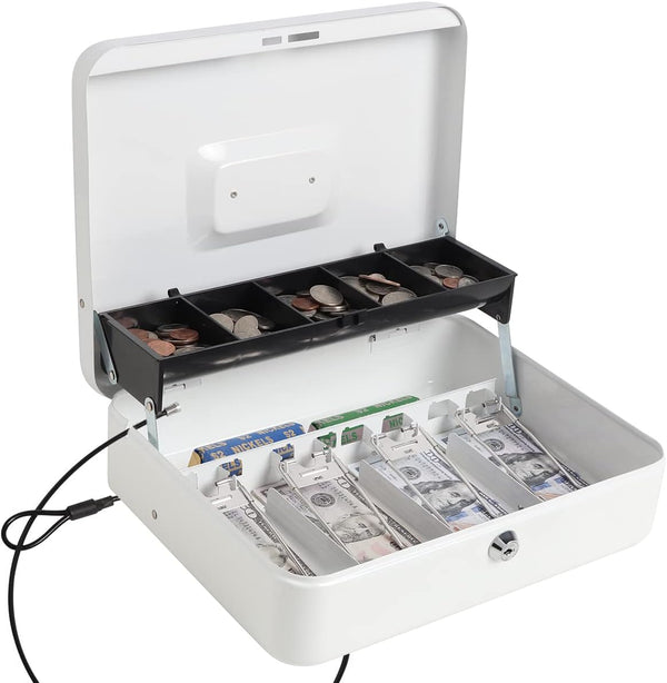 Cash Box with Key Lock, Durable Metal Cash Box with Money Tray, Lock Box Safe Storage Security Locker with Cable, White