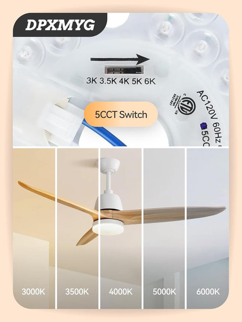 5" Kit,18W,5CCT 3000K/3500K/4000K/5000K/6000K Adjustable,120VAC LED Ceiling Fan Light Retrofit ETL Light Kit