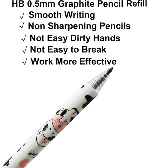 Maydahui 12Pcs Cartoon Milk Cow Eternal Pencils - Retractable HB 0.5mm Cow Print Everlasting Pencils