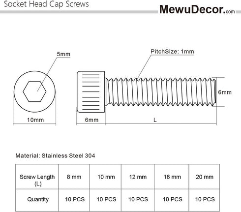 50 PCS Socket Head Cap Screw Assortment Set, M6 x 8mm, 10mm, 12mm, 16mm, 20mm, Stainless Steel 304
