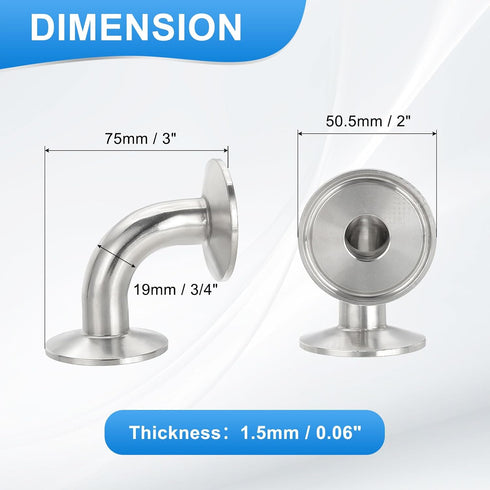 90 Elbow 3/4 "(19mm) 304 1.5" 50.5mm PATIKIL Degree Tube OD, Stainless Steel Sanitary Pipe Fittings Tri Sanitary Clamps