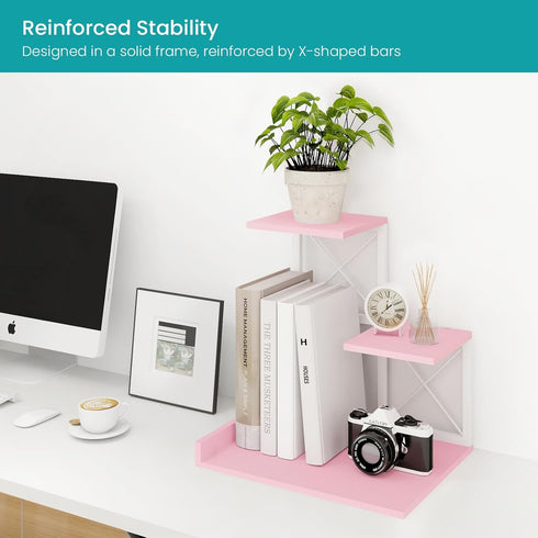 ELITEROO Aesthetic 3 Tier Desktop Shelf Organizer, Mini Wooden Bookshelf for Women Office Supplies, Pink