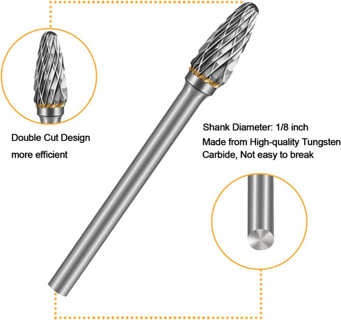 Carbide Burr Set, 10 PC Die Grinder Bits, 1/8" Shank Rotary Tool Accessories for Wood Carving