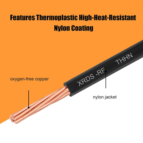 75FT, 14AWG 600V XRDS -RF THHN Wire Stranded Copper THHN Electrical Wire, Black Nylon-Coated Thermoplastic Insulated