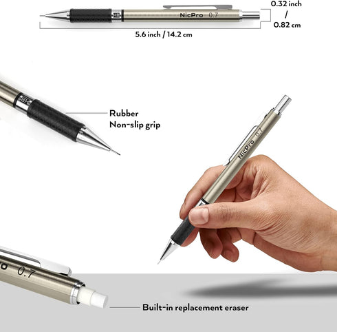 Nicpro 0.7 mm Art Mechanical Pencils Set - 6 PCS Metal Drafting Pencil with 0.7mm Tube HB Lead Refills