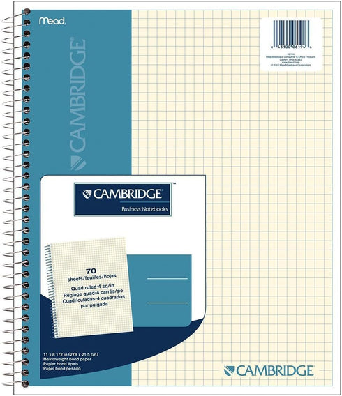 Cambridge Business Notebook, 11" x 8.5", 70 Sheets, Quad Ruled, Wirebound, Ivory Paper (06194)