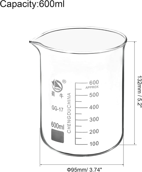 PATIKIL 600ml Low Form Glass Beaker, 2 Pack, 3.3 Borosilicate Glass Graduated Measuring Cups with Spout