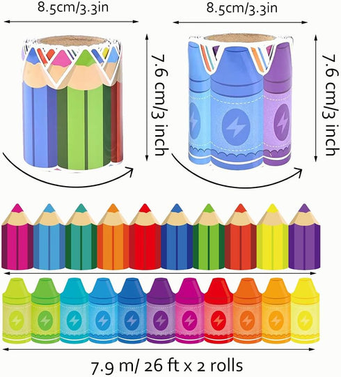 52 Runtoo Feet Bulletin Board Borders Crayon and Pencil Die-Cut Rolled Boho Rainbow Border Decorations Scalloped Trim