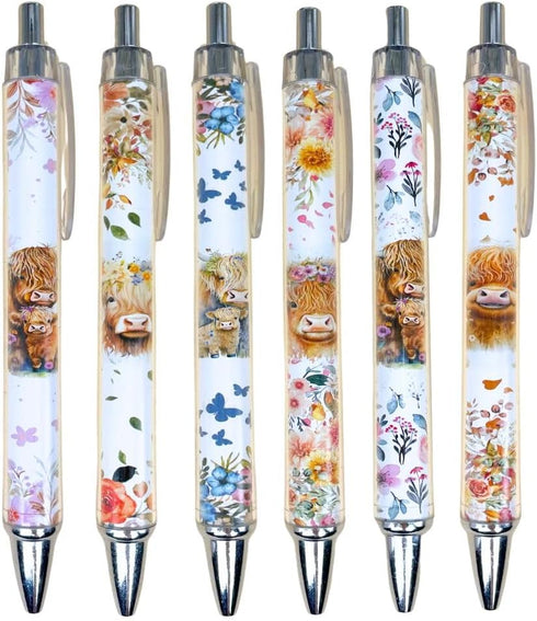 YJ PREMIUMS 6PC Highland Cow Pens Set, Kawaii Cute Cow Print Stationary Supplies for School Home Office Gifts