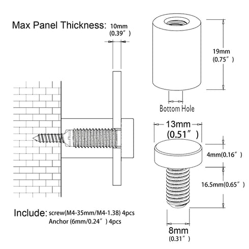 Sign Standoff 1/2" x 3/4" - Solid Aluminum Screws Mounting Hardware for Glass Panel, Pack of 4