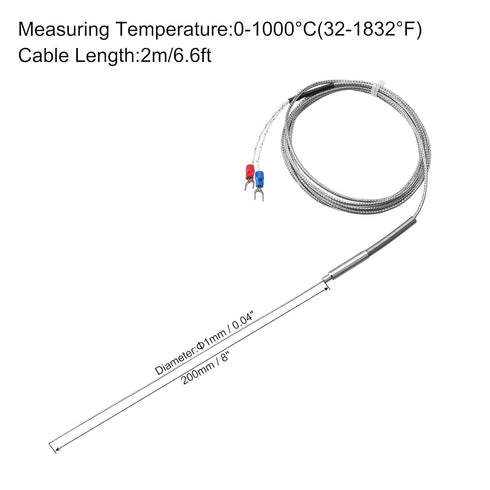 MECCANIXITY K Type Thermocouple Temperature Sensor Probe 1x200mm 6.6ft Wire 0 to 1000°C Stainless Steel