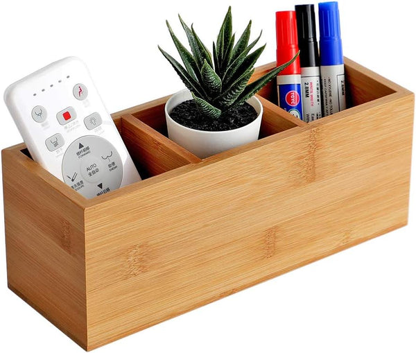 Bamboo Wood Pens and Pencils Holder Cup, Multiuse Desktop Storage with 3 Compartments for Office