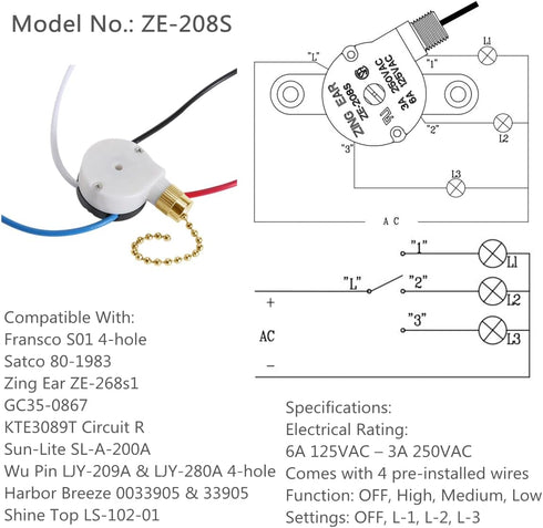 Zing Ear ZE-208S E89885 Ceiling Fan Switch 2PCS - 3 Speed 4 Wire Pull Chain Control for Fans and Wall Lamps (Brass)