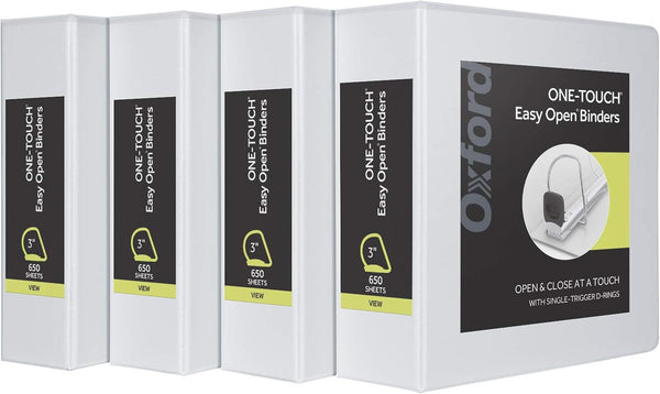 Oxford 3 Ring Binders, 3 Inch ONE-Touch Easy Open D Rings, 4 Pack, White, 650-Sheet Capacity