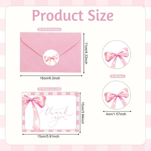 xieketn 36 Pcs Pink Thank You Cards with Envelopes Stickers, Coquette Bow Baby Shower Thank You Cards, Watercolor Cards