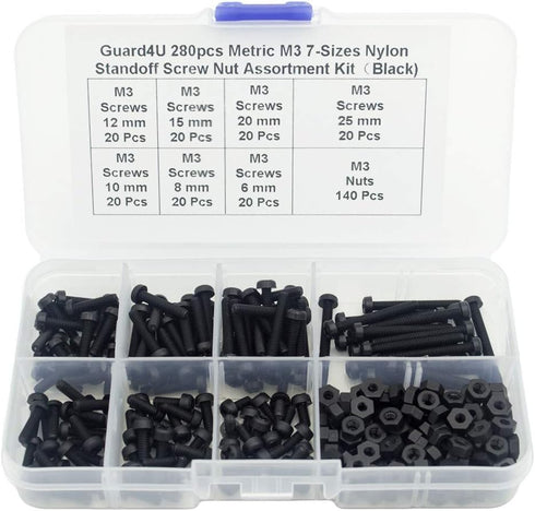 280pcs Metric M3 7-Sizes Nylon Phillips Pan Head Screw Nut Assortment Kit - M3x 6mm to 25mm, Nut Hex M3 (Black)